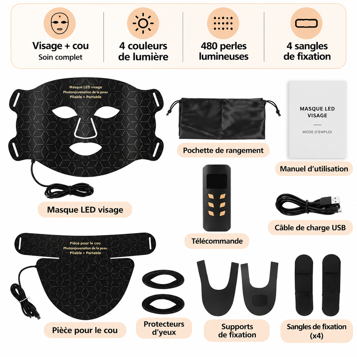 Masque LED visage — lumière rouge et infrarouge