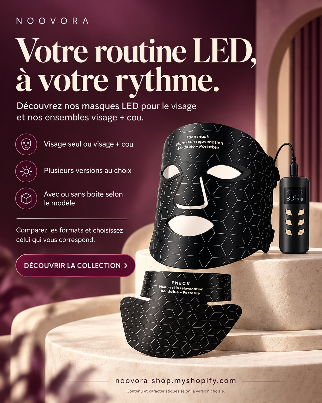 Noovora — masques LED visage et ensembles visage et cou, plusieurs versions au choix
